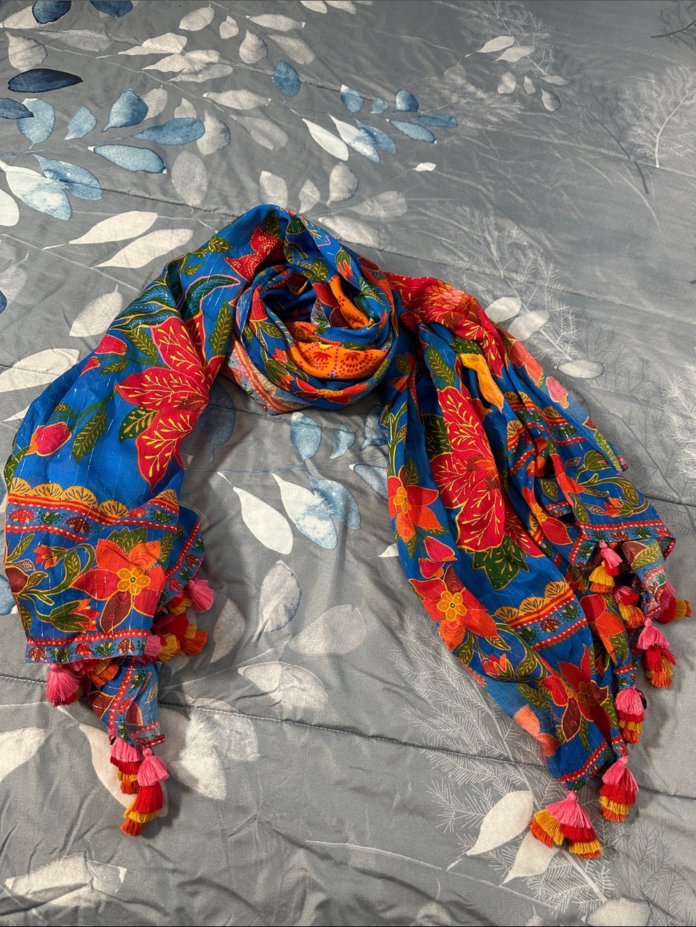 EUC FARM Rio Blue Tropical Floral Fruit Scarf Wrap OS    *minor callout* - Picture 9 of 16